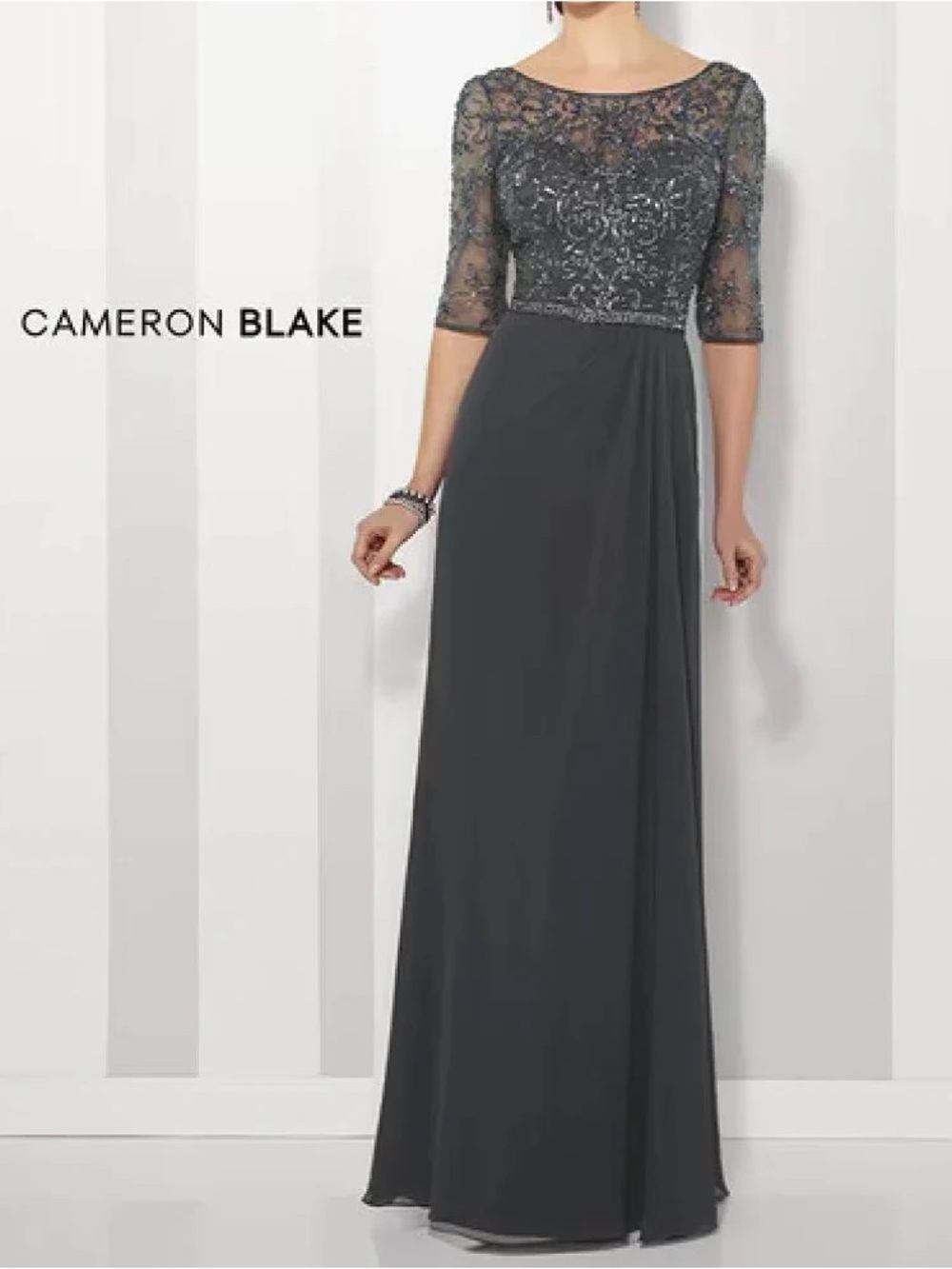 Charcoal Beaded Illusion Evening Gown